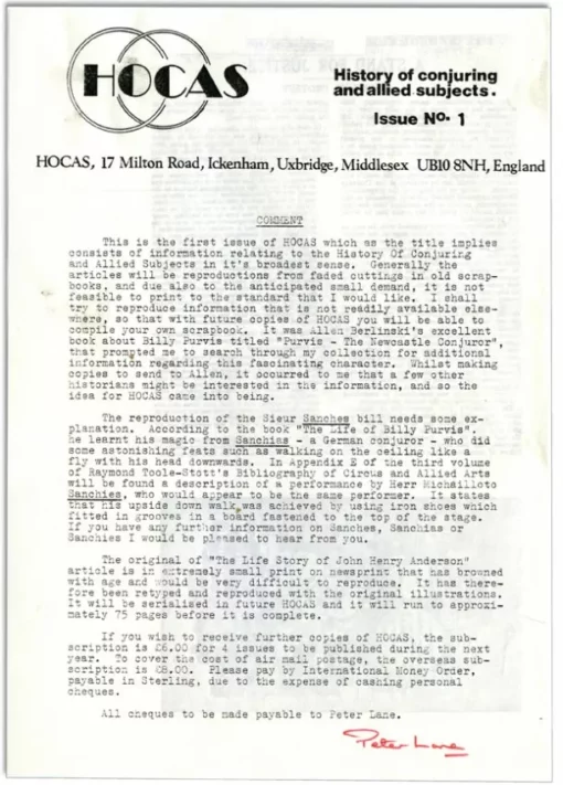 HOCAS (History of Conjuring and Allied Subjects) by Peter Lane - 16 Issues