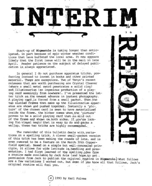 Interim Report by Karl Fulves.